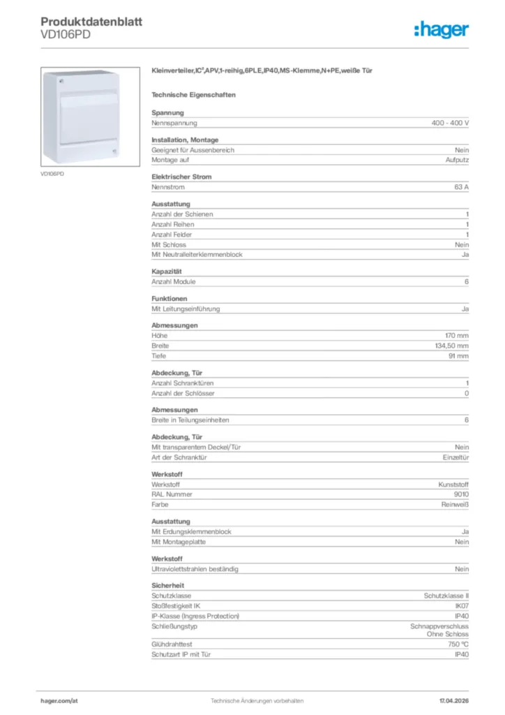Bild Hager Produktdatenblatt VD106PD | Hager Deutschland