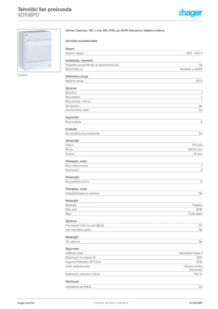 Slika Hager Product data sheet VD106PD  | Hager