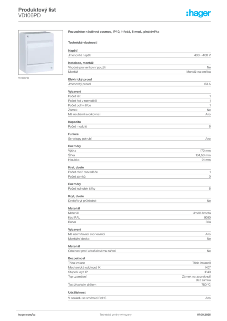 Obrázek Hager Produktový list VD106PD | Hager