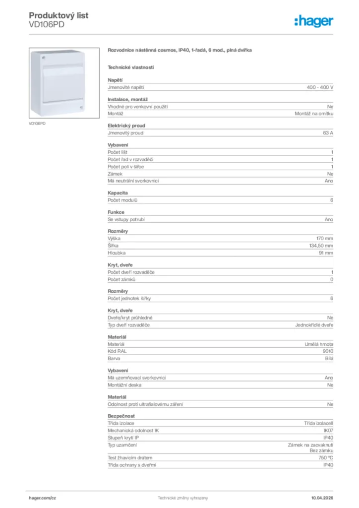 Obrázek Hager Product data sheet VD106PD | Hager
