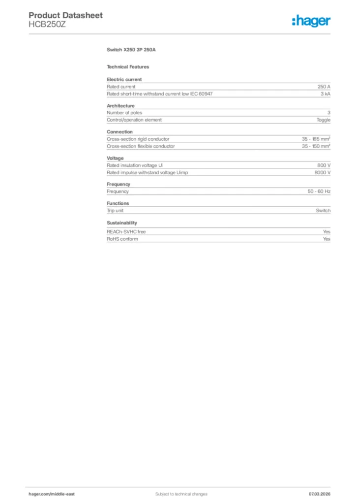 Image Hager Product data sheet HCB250Z  | Hager
