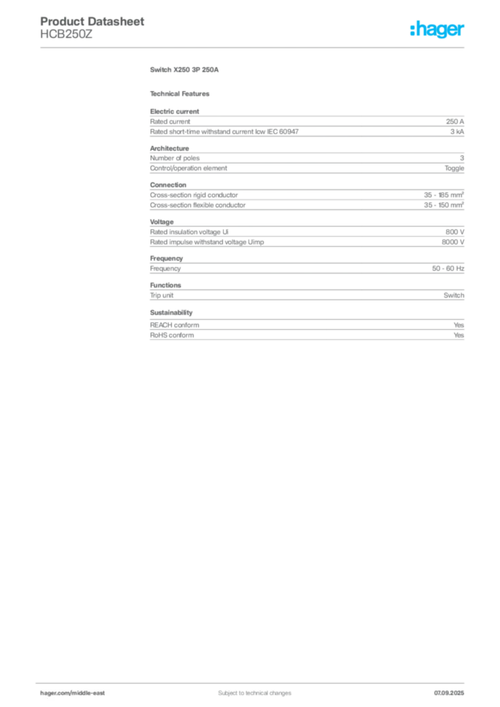 Image Hager Product data sheet HCB250Z  | Hager