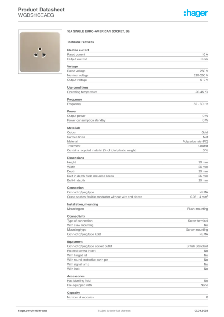 Image Hager Product data sheet WGDS116EAEG  | Hager