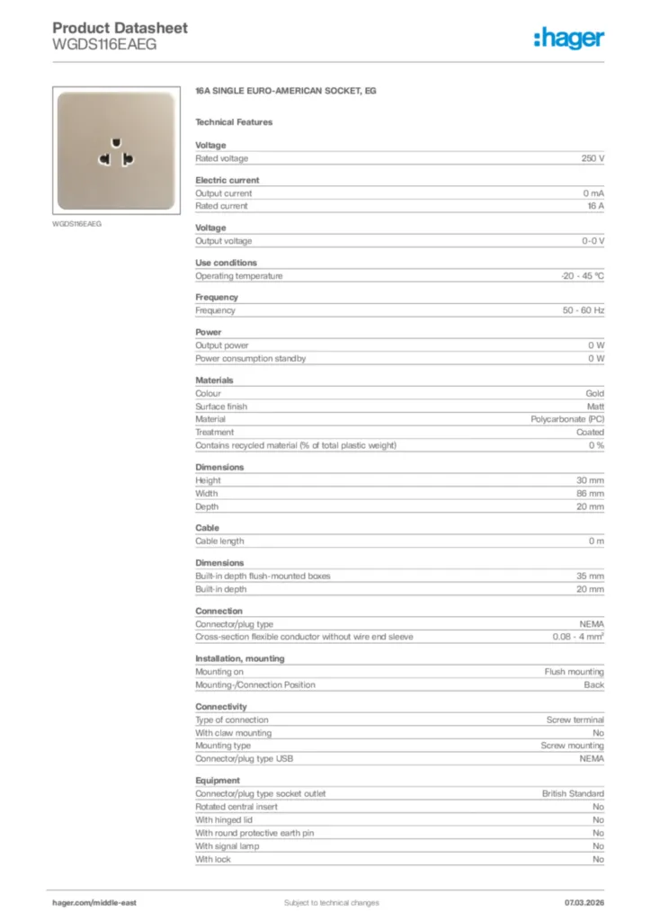 Image Hager Product data sheet WGDS116EAEG  | Hager
