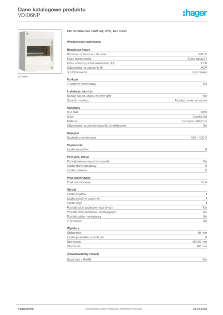 Zdjęcie Hager Karta katalogowa VD106NP | Hager Polska