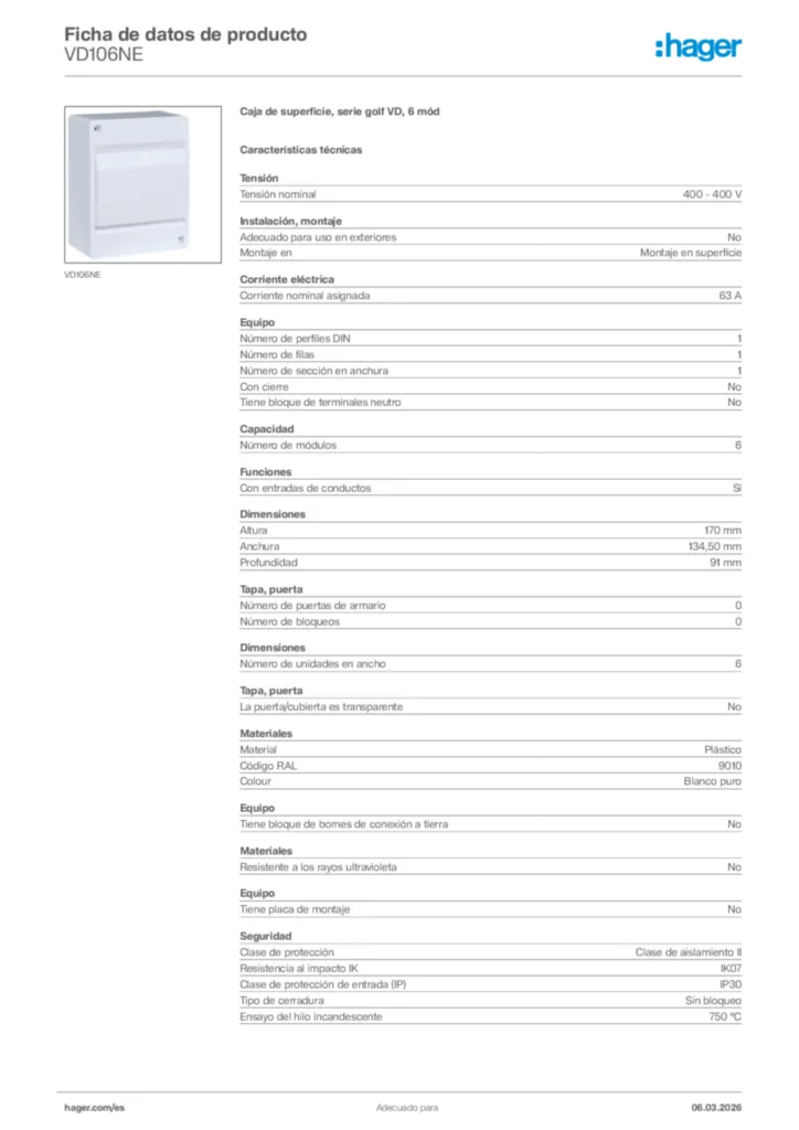 Imagen Hager Ficha de datos de producto VD106NE | Hager España