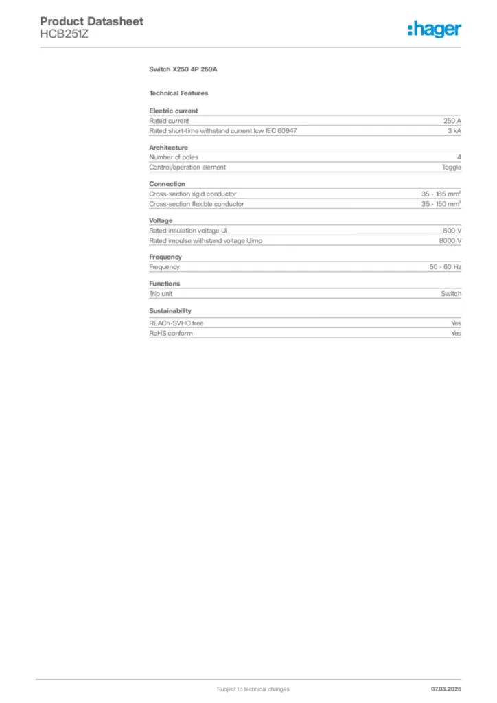 Image Hager Product data sheet HCB251Z  | Hager Africa