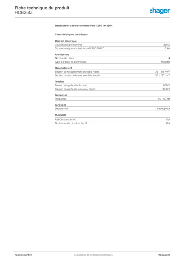 Image Hager Fiche technique du produit HCB251Z | Hager Afrique