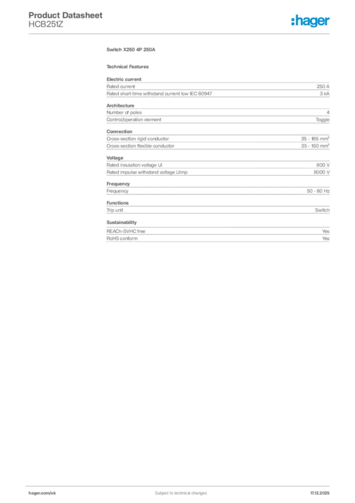 Image Hager Product data sheet HCB251Z  | Hager