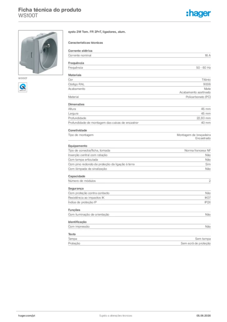 Imagem Hager Ficha técnica do produto WS100T | Hager Portugal