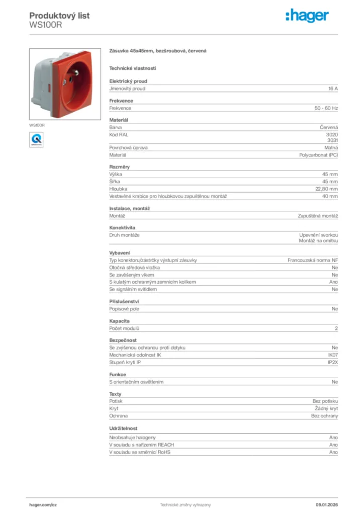 Obrázek Hager Product data sheet WS100R | Hager