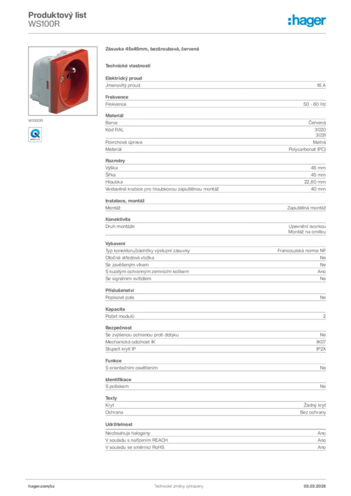 Obrázek Hager Product data sheet WS100R | Hager