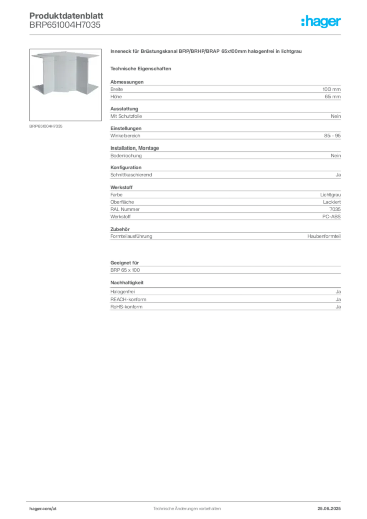 Bild Hager Produktdatenblatt BRP651004H7035 | Hager Deutschland