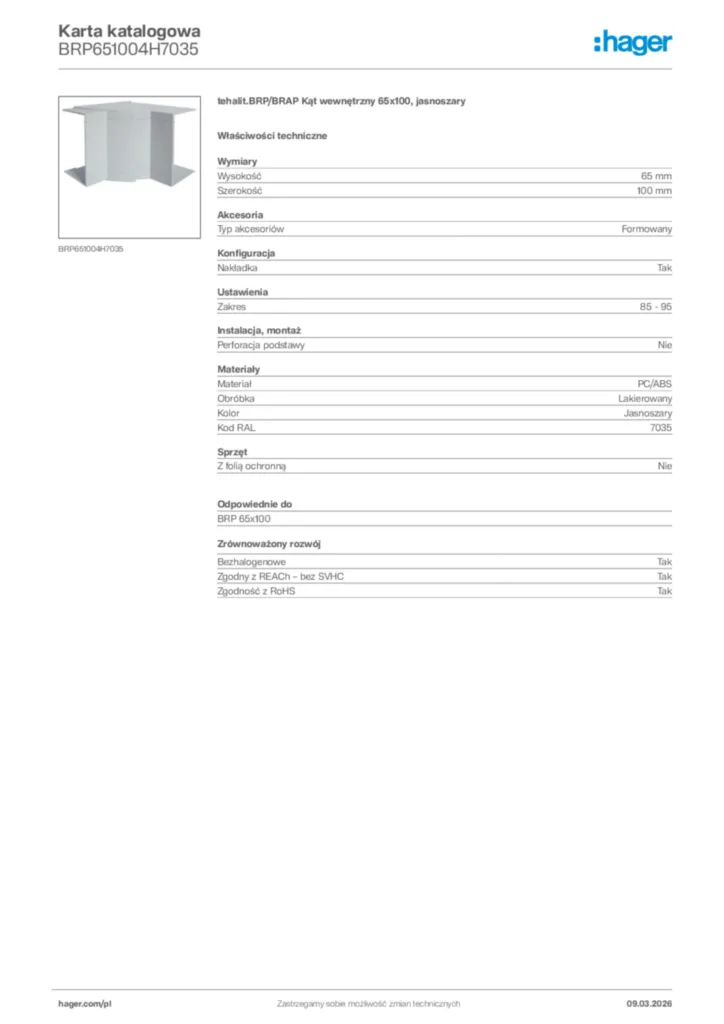 Zdjęcie Hager Karta katalogowa BRP651004H7035 | Hager Polska