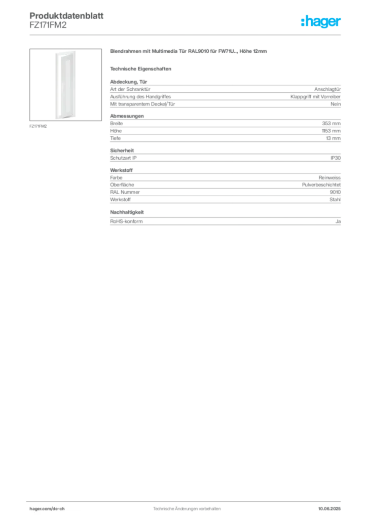 Bild Hager Produktdatenblatt FZ171FM2 | Hager Schweiz