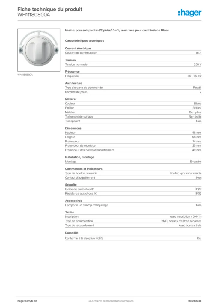 Image Hager Fiche technique du produit WH11180800A | Hager Suisse