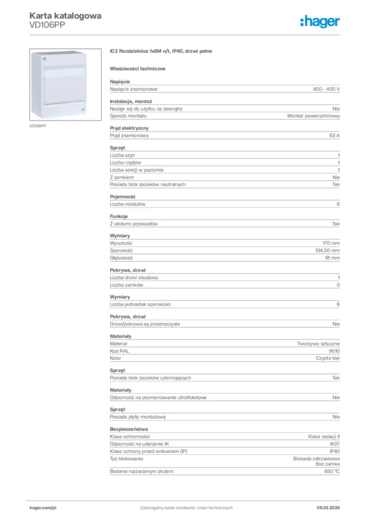 Zdjęcie Hager Karta katalogowa VD106PP | Hager Polska