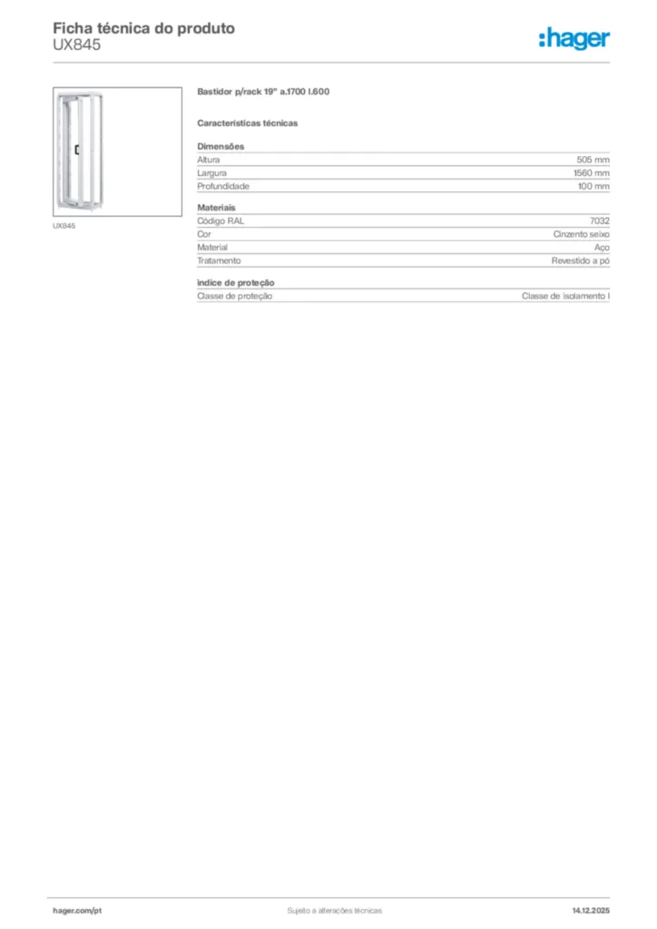 Imagem Hager Ficha técnica do produto UX845 | Hager Portugal