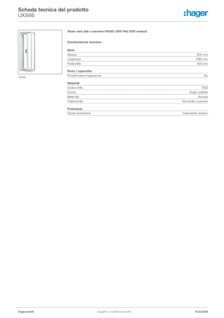 Immagine Hager Scheda tecnica del prodotto UX846 | Hager Italia