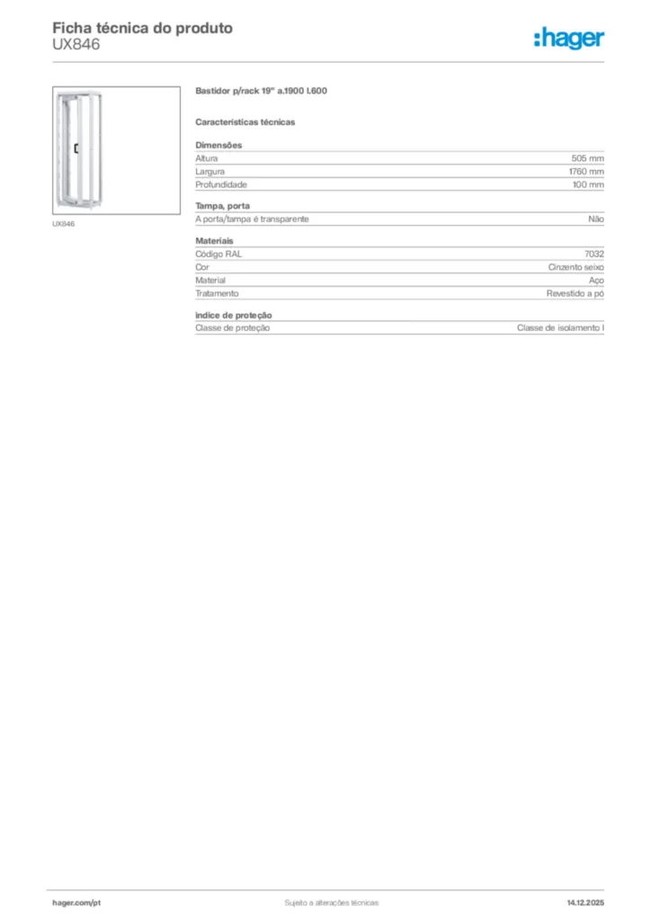 Imagem Hager Ficha técnica do produto UX846 | Hager Portugal