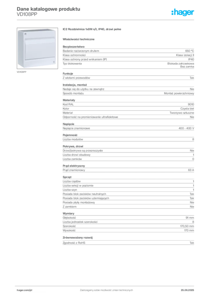 Zdjęcie Hager Karta katalogowa VD108PP | Hager Polska