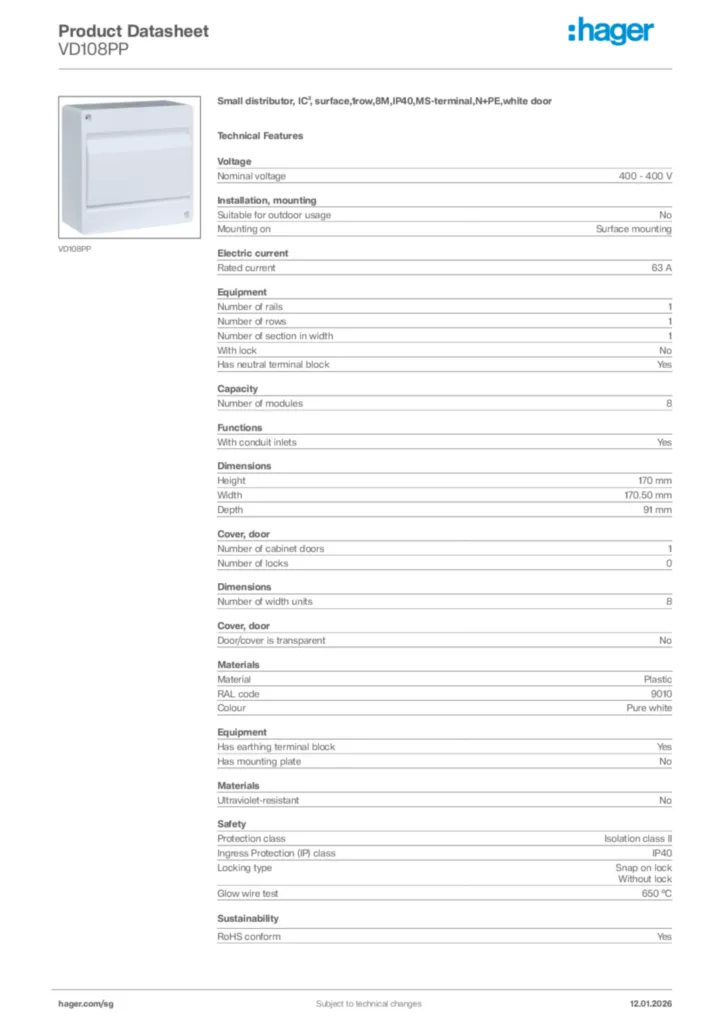Image Hager Product data sheet VD108PP  | Hager