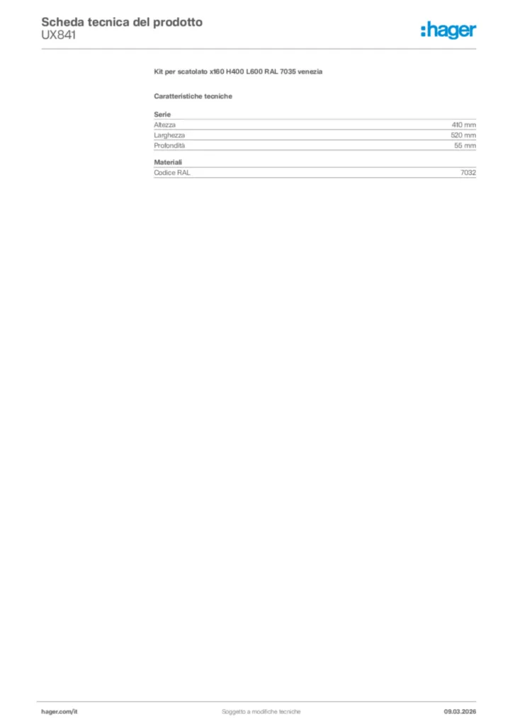 Immagine Hager Scheda tecnica del prodotto UX841 | Hager Italia