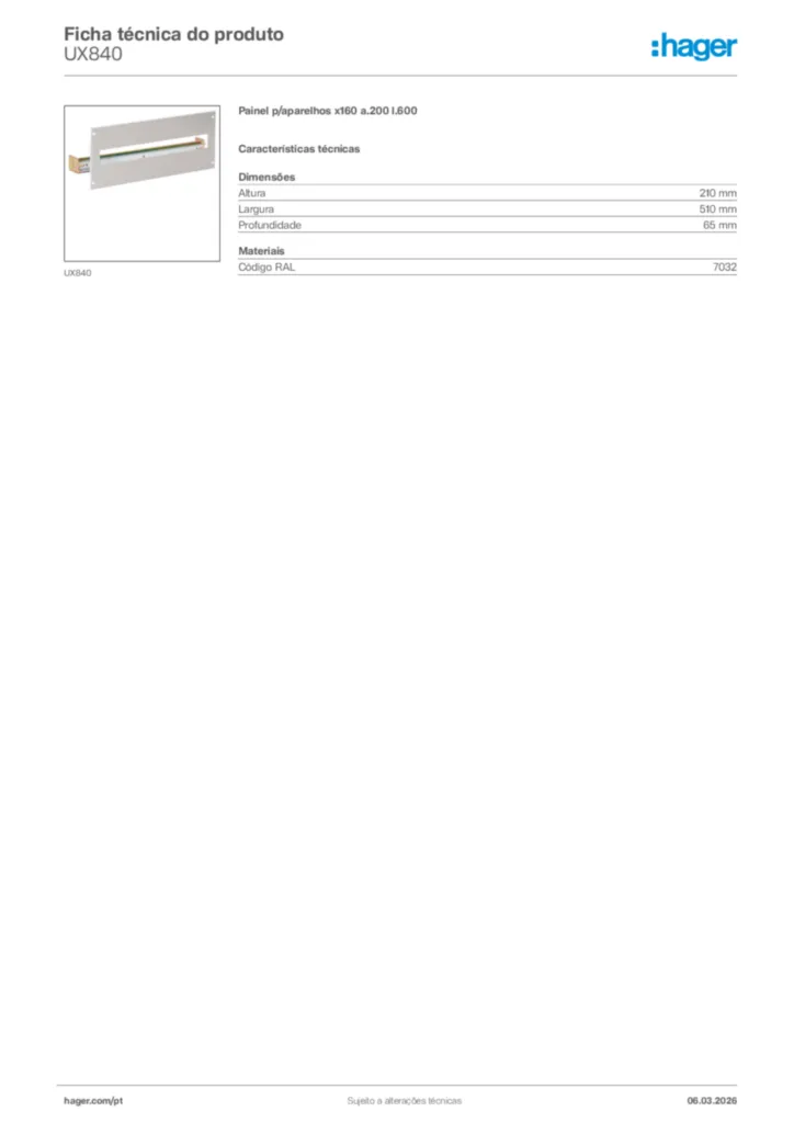 Imagem Hager Ficha técnica do produto UX840 | Hager Portugal