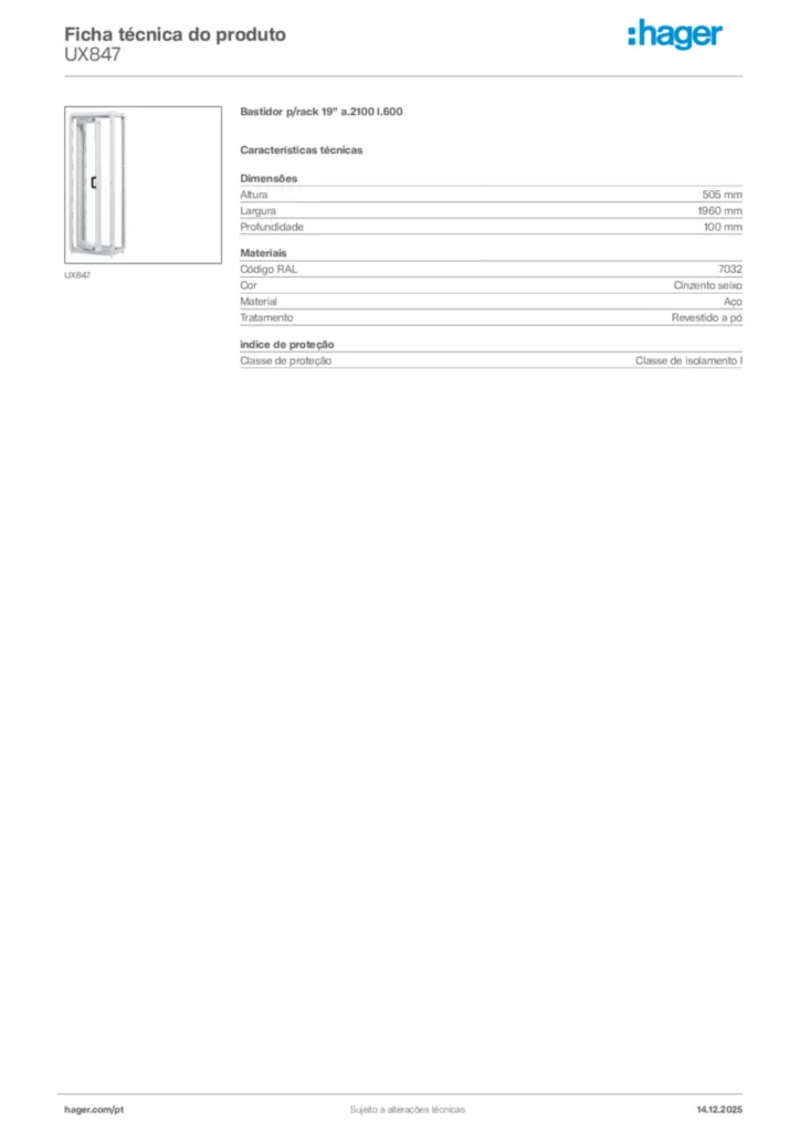 Imagem Hager Ficha técnica do produto UX847 | Hager Portugal