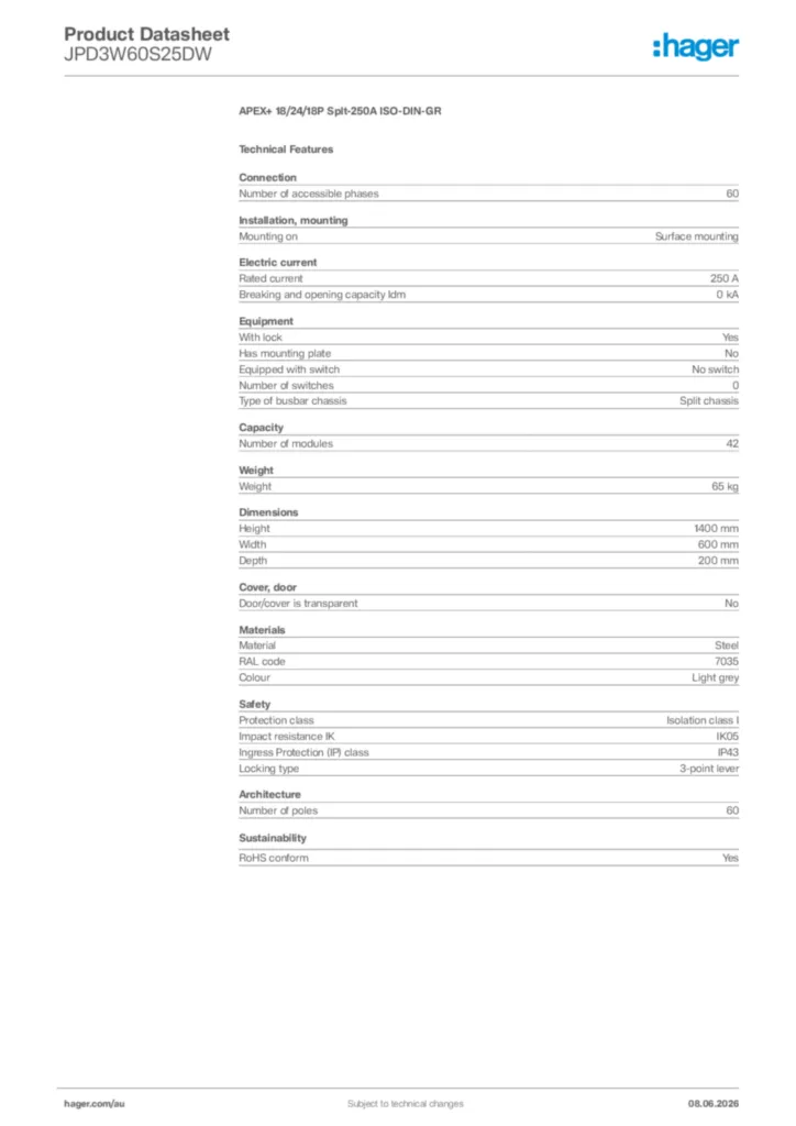 Image Hager Product data sheet JPD3W60S25DW  | Hager Australia