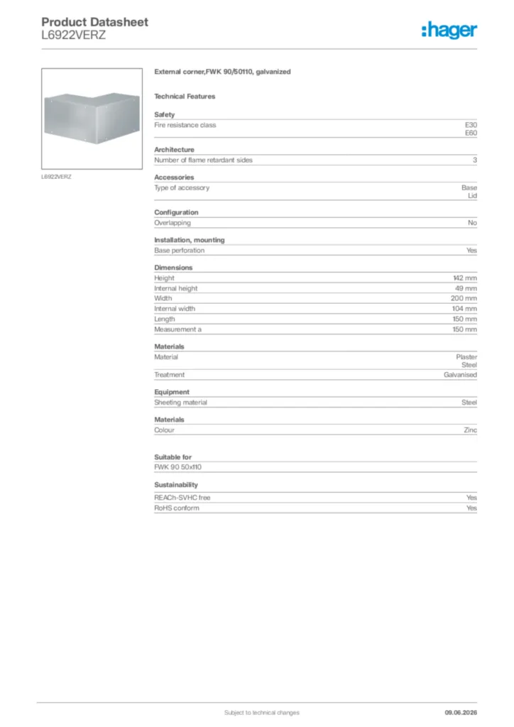 Image Hager Product data sheet L6922VERZ  | Hager Africa