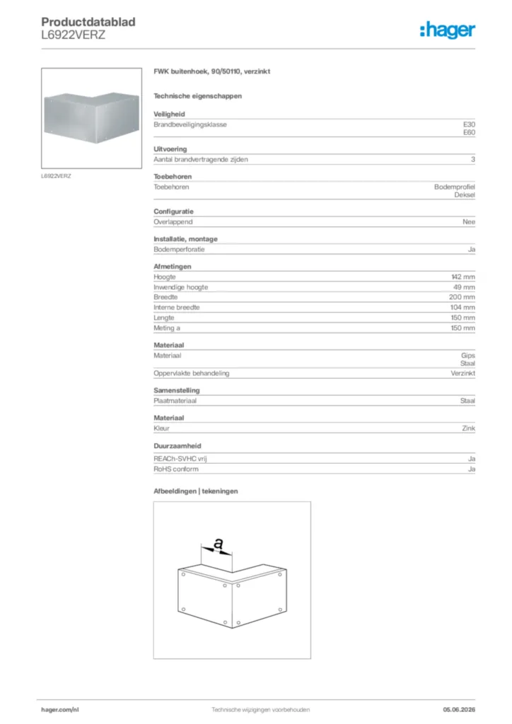 Afbeelding Hager Productdatablad L6922VERZ | Hager Nederland