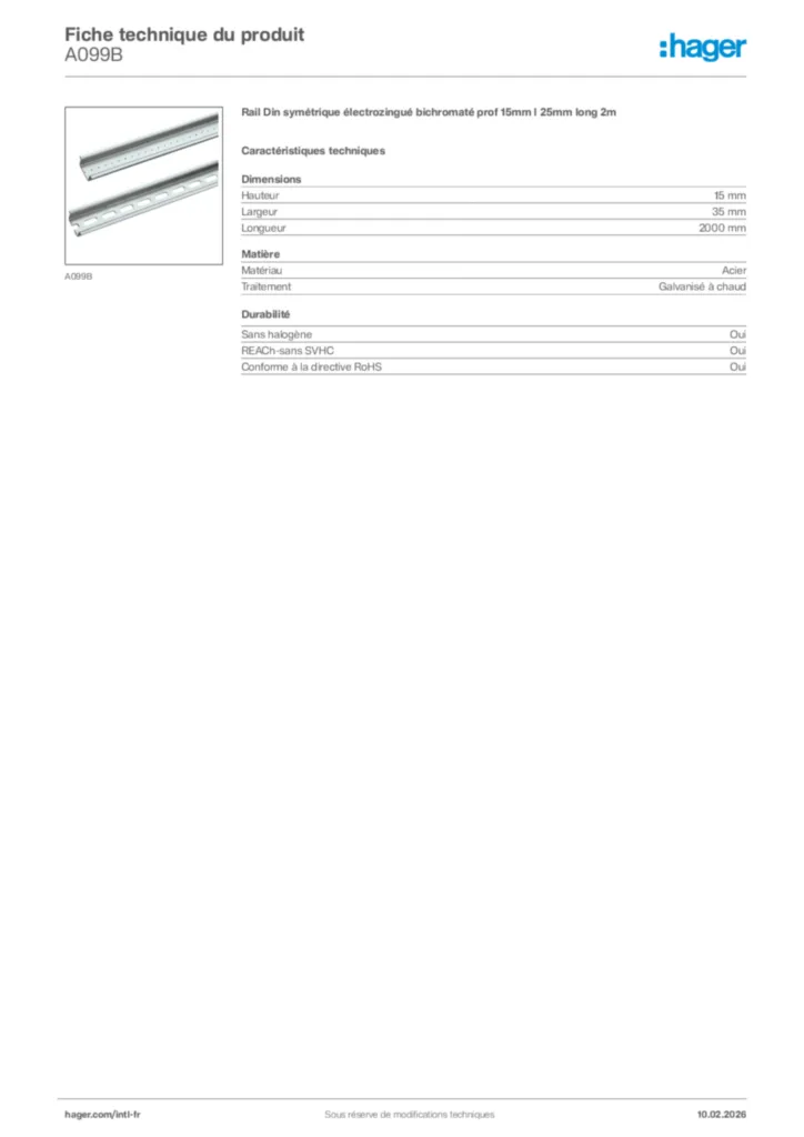 Image Hager Fiche technique du produit A099B | Hager Afrique