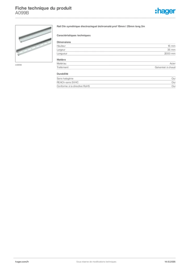 Image Hager Fiche technique du produit A099B | Hager France