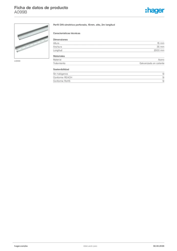 Imagen Hager Ficha de datos de producto A099B | Hager España