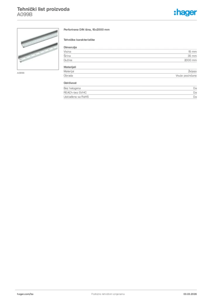 Slika Hager Tehnički list proizvoda A099B  | Hager