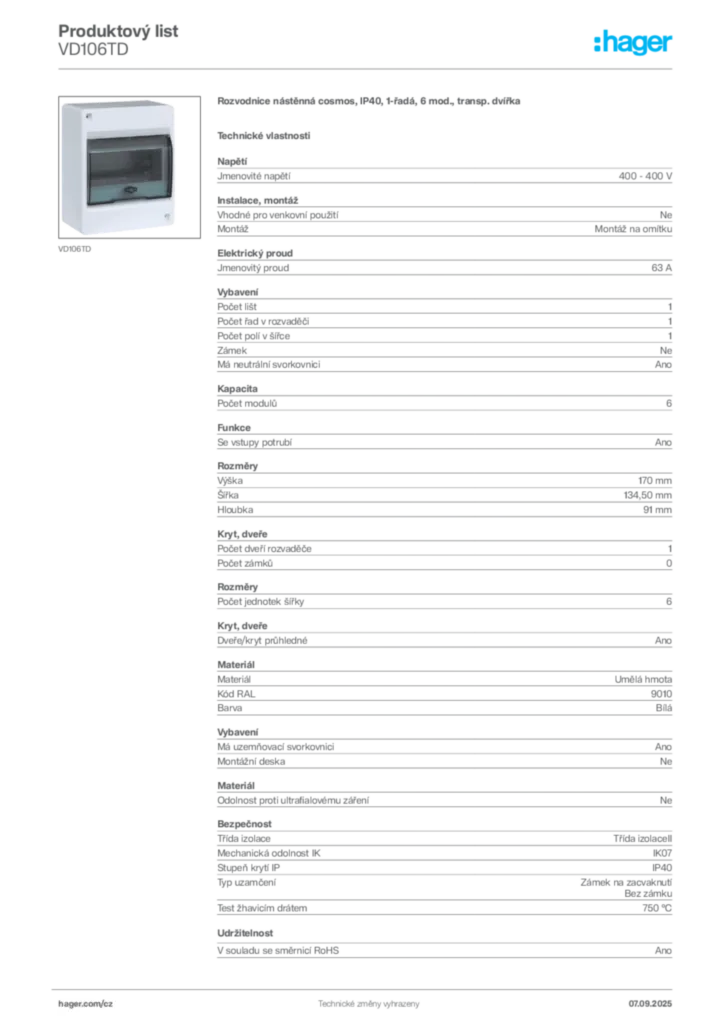 Obrázek Hager Produktový list VD106TD | Hager