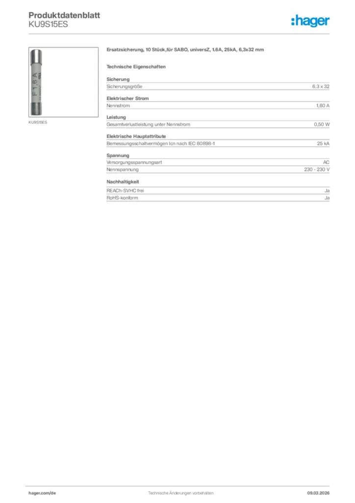 Bild Hager Produktdatenblatt KU9S15ES | Hager Deutschland