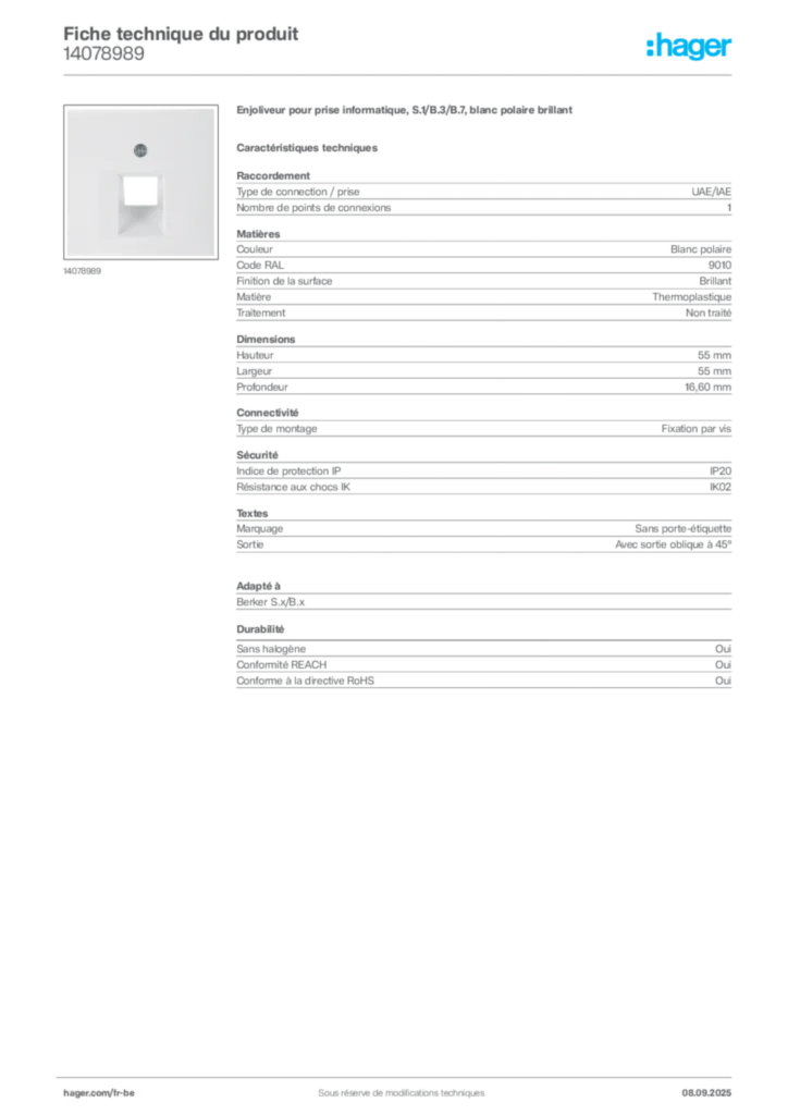 Image Hager Fiche technique du produit 14078989 | Hager Belgique