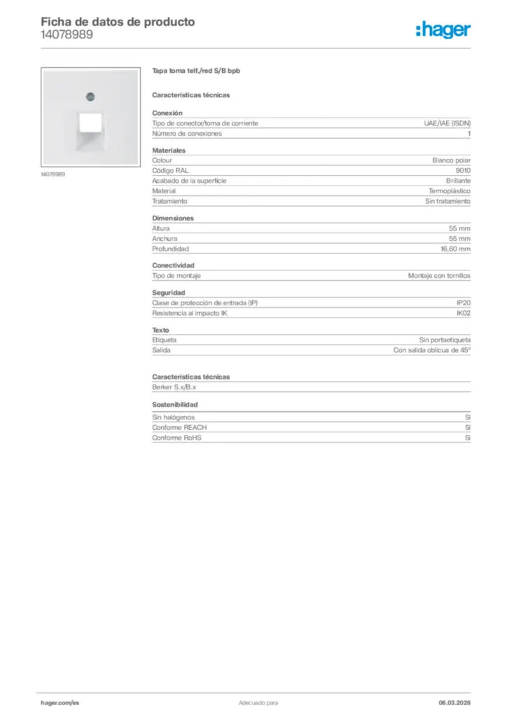 Imagen Hager Ficha de datos de producto 14078989 | Hager España