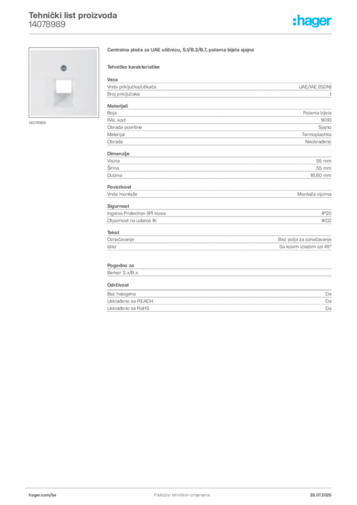 Slika Hager Product data sheet 14078989  | Hager