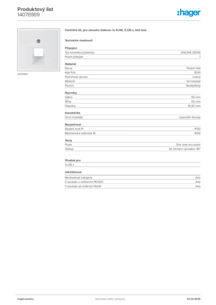 Obrázek Hager Product data sheet 14078989 | Hager