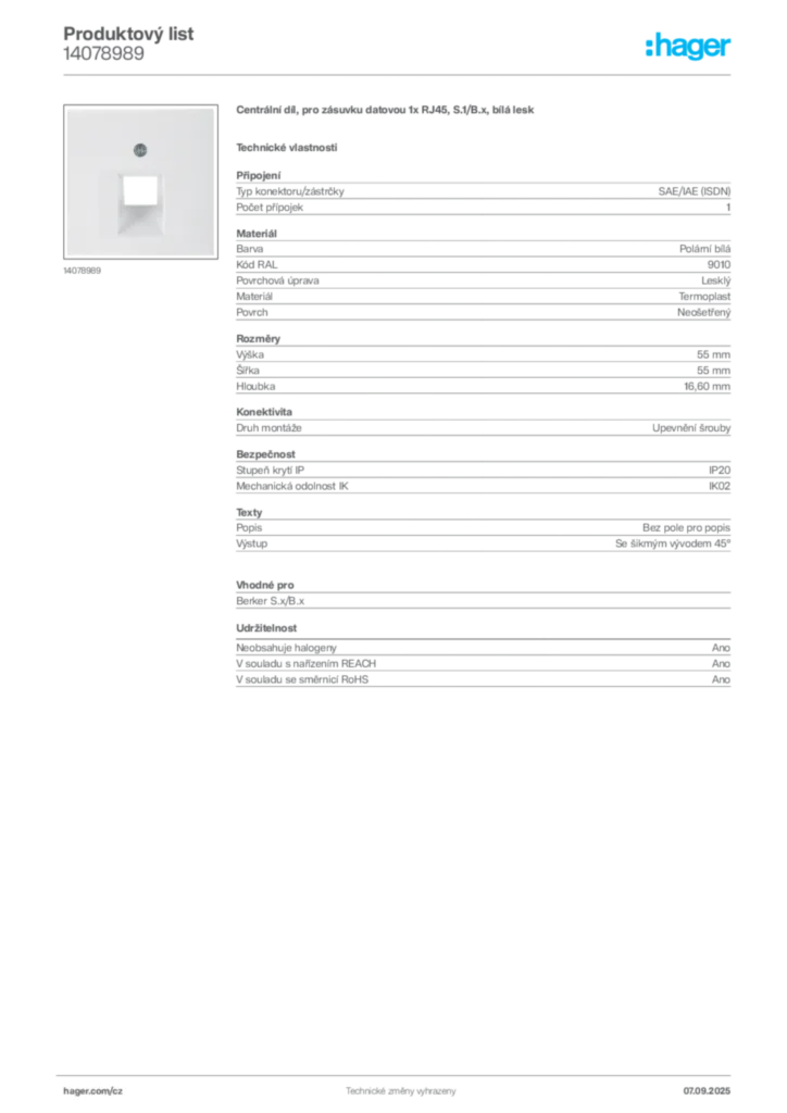 Obrázek Hager Produktový list 14078989 | Hager