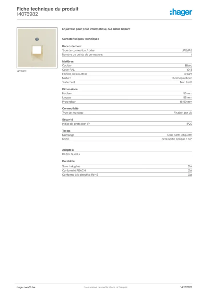 Image Hager Fiche technique du produit 14078982 | Hager Belgique