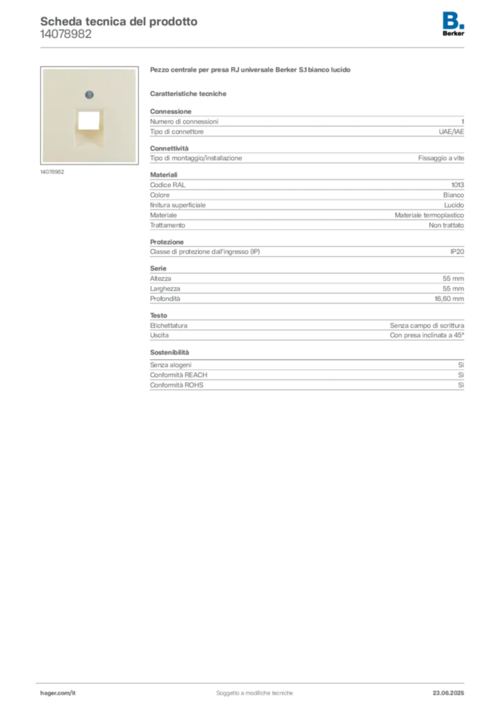 Immagine Berker Scheda tecnica del prodotto 14078982 | Hager Italia