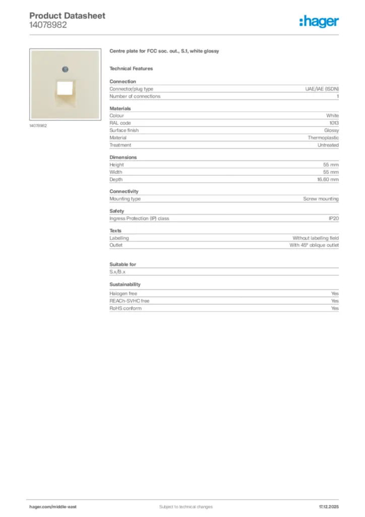 Image Hager Product data sheet 14078982  | Hager