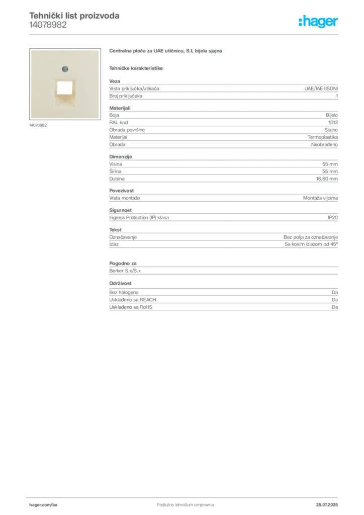 Slika Hager Product data sheet 14078982  | Hager