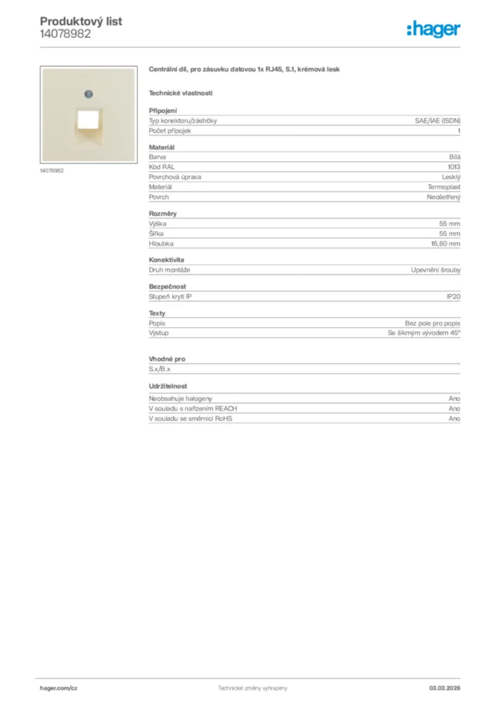 Obrázek Hager Product data sheet 14078982 | Hager