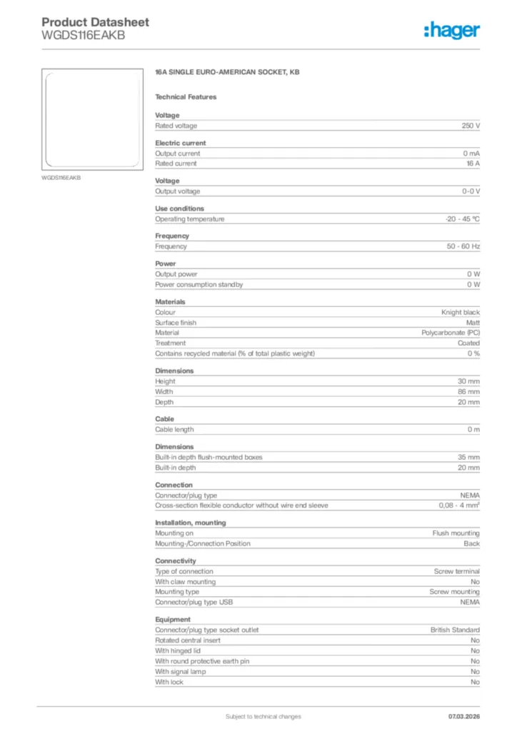 Image Hager Product data sheet WGDS116EAKB  | Hager