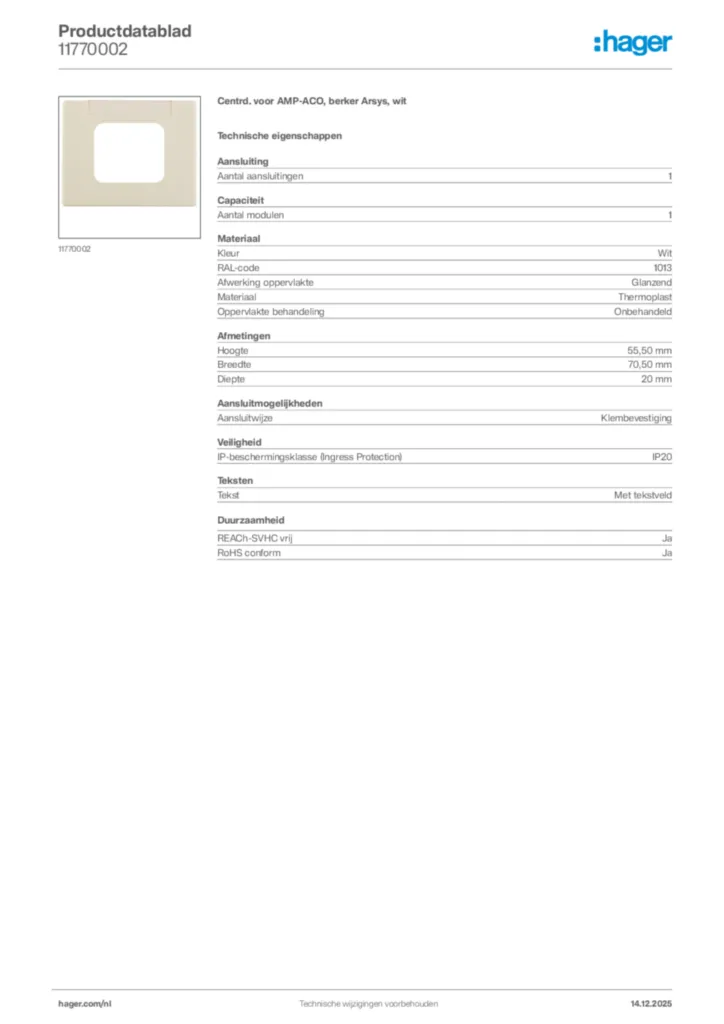 Afbeelding Hager Productdatablad 11770002 | Hager Nederland